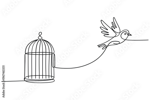 A bird escaping an open cage depicted in a continuous line drawing