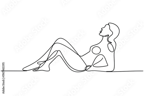 Abstract line art depicts a reclining woman in a relaxed pose