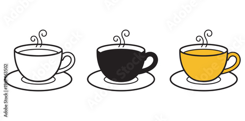 Three colorful coffee cups in silhouette mode on a white background