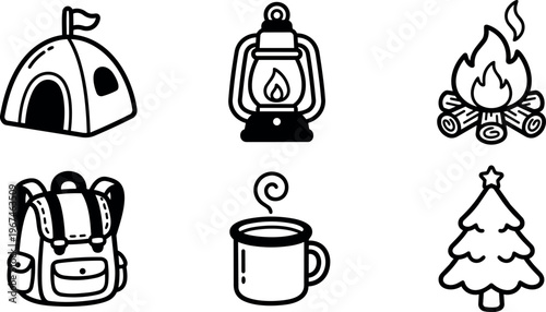 Black and white camping tent lantern fire backpack hot drink and pine tree vector art