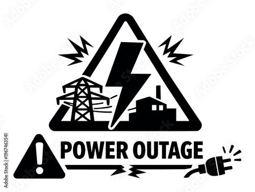 Power outage warning sign indicating electricity failure, energy crisis, and grid issues with pylon, factory, broken cable, and plug