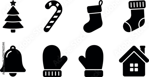 Black christmas tree candy cane stocking bell and mittens vector icons