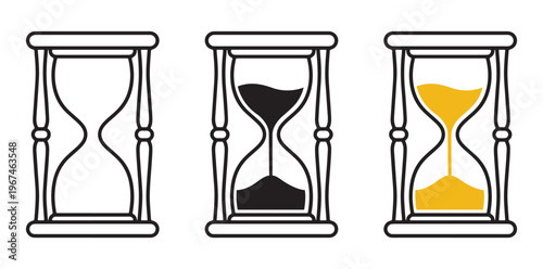 Three hourglasses with different sand levels on a white background silhouette