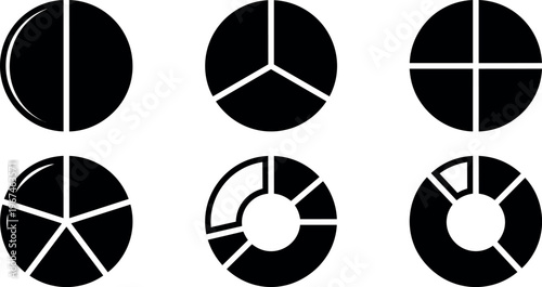 Black and white pie chart icons set with various segment divisions