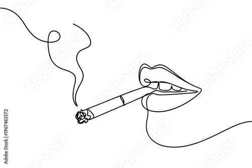 Minimalist line drawing of lips holding a lit cigarette with smoke