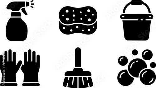 Black and white cleaning spray sponge bucket gloves broom and bubbles vector art