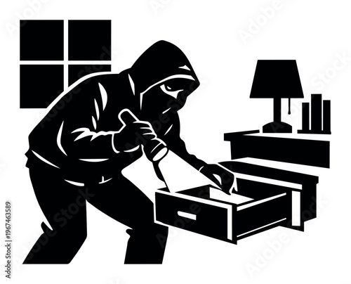 Hooded burglar using a flashlight to search through a nightstand drawer, breaking into a home, committing theft and crime