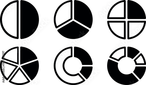 Black and white divided circle pie chart vector icons set