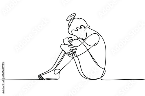 A single continuous line drawing depicts a person in a seated dejected pose