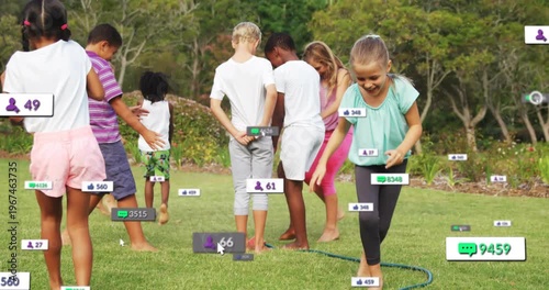 Centered kids stepping over hose, spray causing movement, counters growing above showing metrics