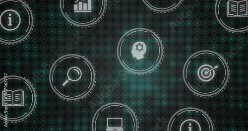Circular icons forming grid pulsing drifting teal glow sweeping showing search and data for tech