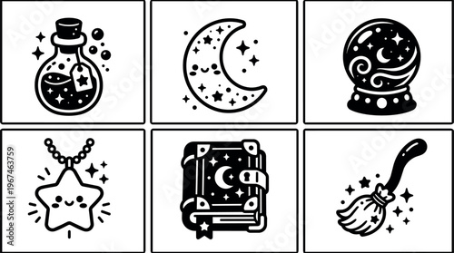 Black and white magical moon star potion book broom vector art set