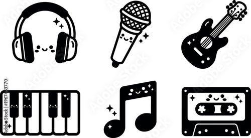 Cute black music icons headphones microphone guitar piano note cassette