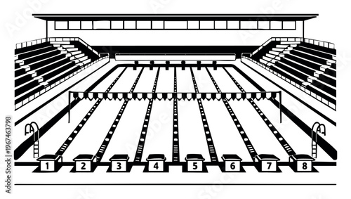 Aquatic sports complex with an empty eight-lane swimming pool and spectator stands, preparing for a competitive event