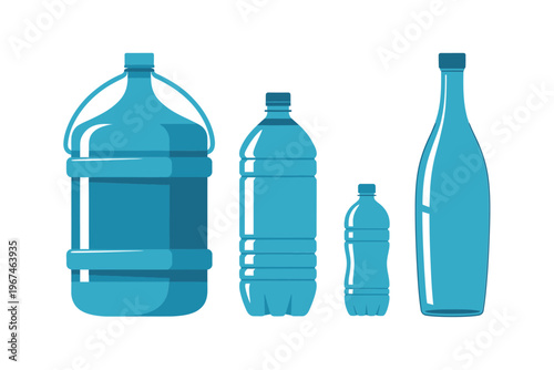 Assorted plastic water bottles in varying sizes lined up