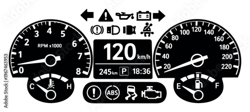 Automotive dashboard displaying essential driving information and vehicle status, including speedometer, tachometer, and digital readout