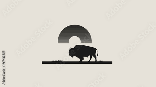 A grayscale illustration of a bison with a semi-circle-shaped sunset and grassy ground