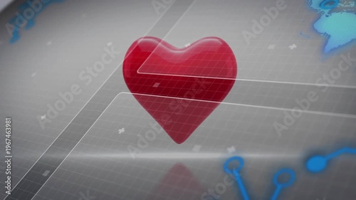 Glossy red 3D heart hovering over grid, thin HUD panels sliding, crossing, displaying health data