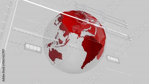 3D globe rotating on grey tech bg, diagonal line crossing starting white scans revealing year marks