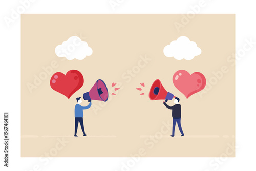 Two figures amplify love with megaphones sending hearts and fragments outward