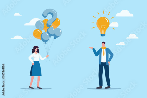 A woman offers questions to a man seeking a bright idea