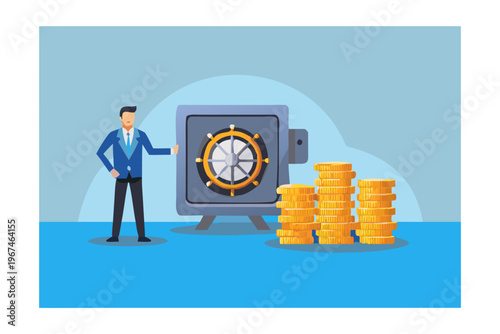 Man presenting an open vault with stacks of gold coins nearby