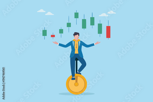 A businessman balances on a unicycle amidst fluctuating stock market charts