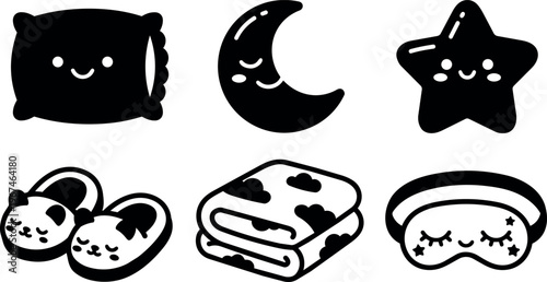 Black and white cute sleeping moon pillow blanket slippers and eye mask vector art