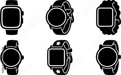 Black and white smartwatch and wristwatch icons set in simple flat design