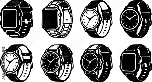 Black and white line art set of smartwatch and wristwatch icons
