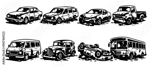 Old, abandoned, and damaged vehicles vector illustration. Collection of various cars, van, bus, and truck in junkyard condition