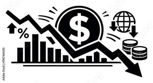 Global market experiencing financial downturn, showing a currency decline, rising inflation, and economic recession with a downward trend
