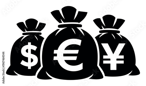 Three money bags showing symbols for US dollar, Euro, and Japanese yen, representing global economy, finance, and wealth accumulation