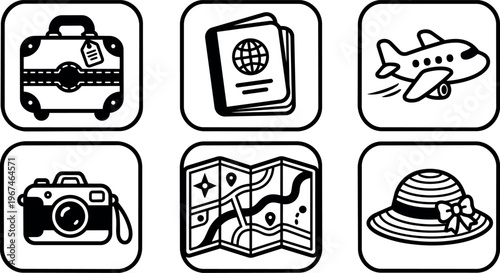 Black and white travel icons suitcase passport airplane camera map hat