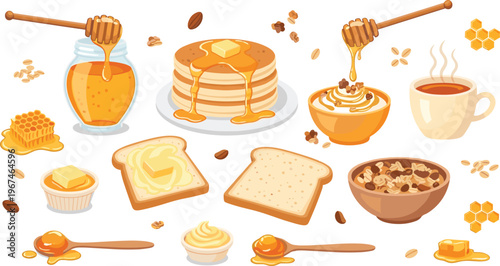 Honey Breakfast Vector Set with Pancakes, Toast, Tea, Oatmeal, Butter, Honey Jar, Dipper, and Sweet Food Illustration