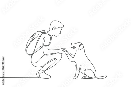 A man crouches to greet his dog in a continuous line drawing