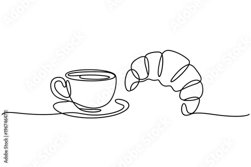 Minimalist line drawing of a coffee cup and croissant on white background