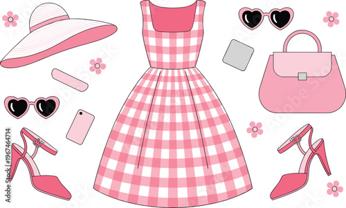 Flat lay pink summer outfit illustration with dress accessories for fashion design