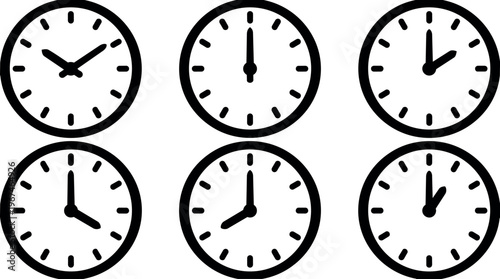 Six black and white round clocks showing different times simple vector art