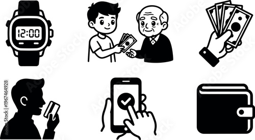 Digital watch showing twelve oclock and icons for cash and card payment methods