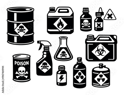 Chemical containers and bottles featuring various warning signs for hazardous, toxic, flammable, corrosive, and radioactive substances