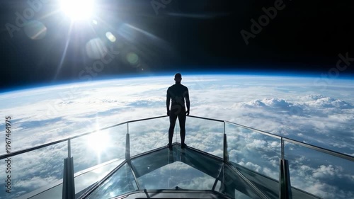 Man in black suit standing on glass observation deck looking at Earth from space with bright sun and clouds