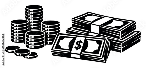 Money in stacks of banknotes and coins, symbolizing financial growth, business, economy, and payments