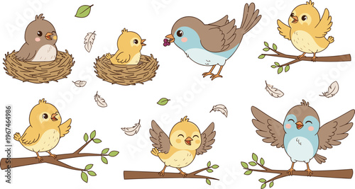 Cute Baby Bird Cartoon Vector Set with Nest, Branches, Feathers, and Adorable Spring Bird Characters for Kids Design