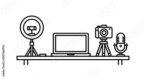 Line art illustration of recording studio equipment.