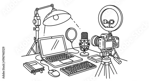 A desk with a laptop computer and video recording equipment.