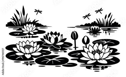 Silhouetted water lilies, lily pads, and dragonflies float on a pond, surrounded by cattails in a calm wetland environment