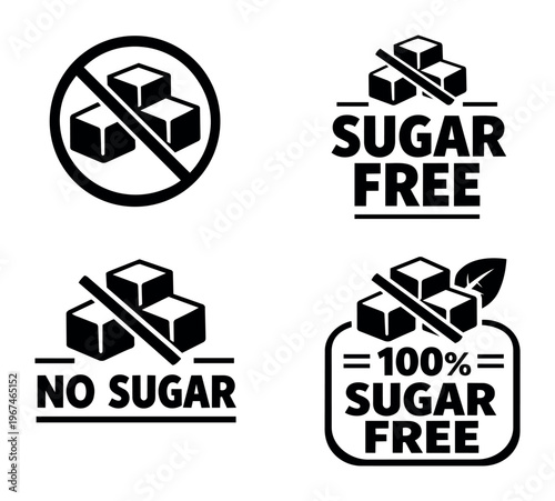 Sugar free and no sugar icons providing healthy diet and lifestyle information. Reducing sugar intake and promoting weight loss