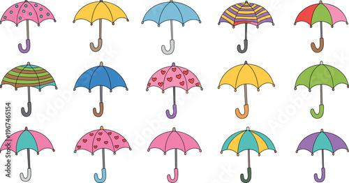 Set of 15 colorful cartoon umbrellas illustration for kids design and weather concept