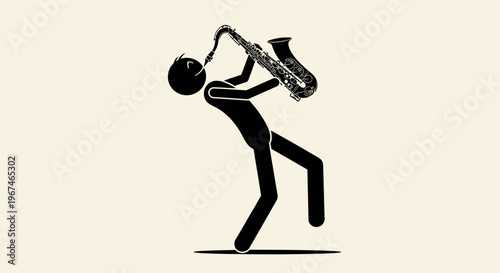 Expressive stick figure jazz musician passionately playing a saxophone in a dynamic pose on a light beige studio background.